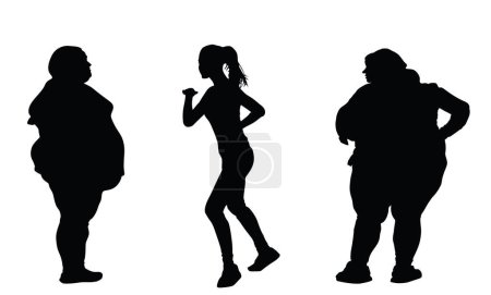 Fette Freunde Frau und Fitness-Mädchen Instruktor Vektor Silhouette Illustration isoliert. Dicker Bauch übergewichtig weiblich. Fit Tänzerinnen bringen großen Mädchen Bewegung bei, wie man abnimmt. Gesundheitsversorgung.