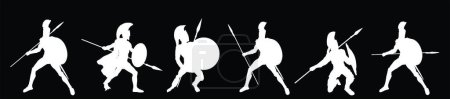 Héroe griego antiguo soldado Aquiles con lanza y escudo en la silueta vectorial de batalla ilustración aislada en el fondo. Legionario romano, valiente guerrero en combate. Forma de símbolo de gladiador.