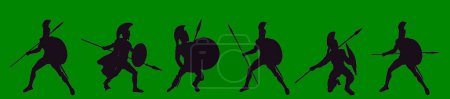 Illustration for Greek hero ancient soldier Achilles with spear and shield in battle vector silhouette illustration isolated on background. Roman legionary, brave warrior in combat. Gladiator symbol shape. - Royalty Free Image