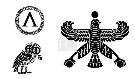 Illustration for Athens and Sparta flags against Persian Empire flag. Ancient symbol Sparta, Athens polis vector illustration. City state in ancient Greece. Brave warriors from antique Greek Persian war. Athens flag. - Royalty Free Image