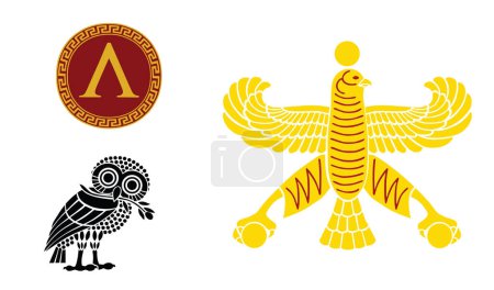 Athens and Sparta flags against Persian Empire flag. Ancient symbol Sparta, Athens polis vector illustration. City state in ancient Greece. Brave warriors from antique Greek Persian war. Athens flag.
