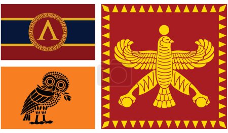 Illustration for Athens and Sparta flags against Persian Empire flag. Ancient symbol Sparta, Athens polis vector illustration. City state in ancient Greece. Brave warriors from antique Greek Persian war. Athens flag. - Royalty Free Image