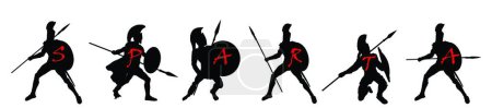 Illustration for Greek hero ancient Sparta soldier Achilles with spear and shield in battle vector silhouette illustration isolated on background. Brave warrior Leonidas in combat against Persians empire symbol shape. - Royalty Free Image
