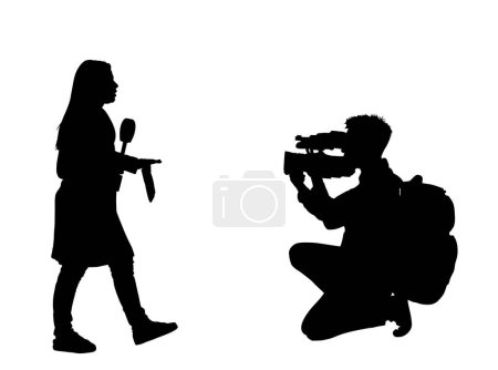 Journalist News Reporter Interview mit Kamerateam Vektor Silhouette Illustration isoliert. Fernsehreporter interviewten Menschen auf der Straße. Kameramann, Licht, Soundassistent Backup für Moderatorin.
