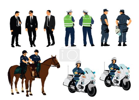 Policeman officer on duty vector illustration isolated. Police man in uniform patrol street. Security service member protect people. Law and order. Traffic police crew horse unit. Detective observe.