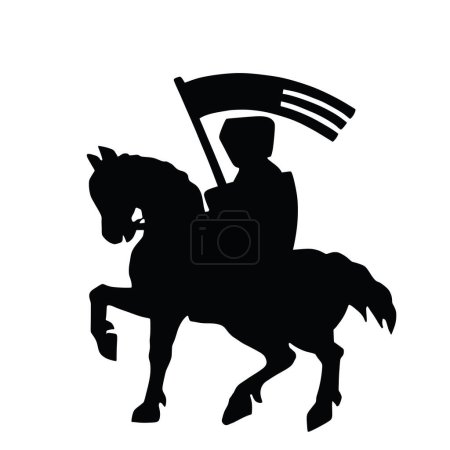 Illustration for Brave knight with shield and flag on horse back silhouette. Coat of arms of Schwerin city silhouette, Germany vector illustration isolated. Mecklenburg-Vorpommern state. - Royalty Free Image