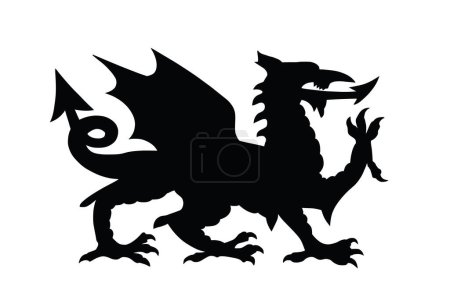 Wütend Drachen Vektor Silhouette Illustration isoliert auf weißem Hintergrund. Wales Wappen Drachen Symbol Siegel, nationales Emblem. Banner COA von Wales. Wilde geflügelte Bestie angsteinflößend angegriffen.