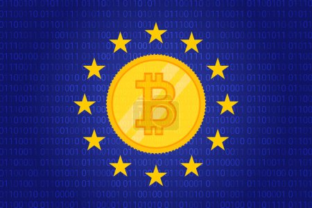 MiCA - Markets in Crypto assets regulation flag of European Union and map of Europe background. Eu sign. Vector illustration