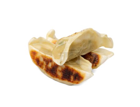 Photo for Gyoza Chinese Dumplings Isolated, Fried Vegetable Jiaozi, Chicken Momo Pile, Asian Gyoza Group on White Background with Clipping Path - Royalty Free Image