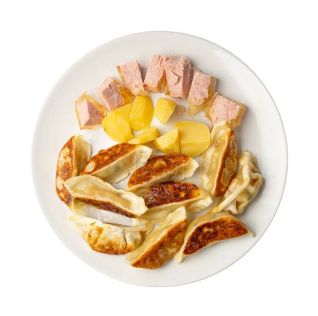 Photo for Gyoza Chinese Dumplings on White Plate, Fried Vegetable Jiaozi with Boiled Potatoes and Canned Meat, Breakfast Lunch Plate, Top View - Royalty Free Image
