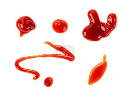 Foto de Set de gotas de ketchup aisladas, Salpicadura de salsa de tomate, Mancha de catsup, Derrame de puré caliente, Goteo de aderezo rojo, Colección de gotas de ketchup - Imagen libre de derechos