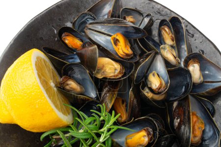 Photo for Mussels Pile Closeup, Unshelled Clam, Peeled Mussel, Open Shellfish Seafood, Macro Mussels Meat, Cooked Shellfish, Clams on Black Plate Background - Royalty Free Image