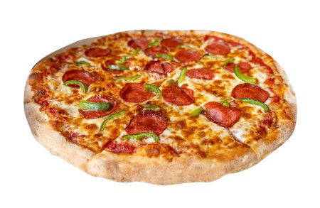 Pepperoni Pizza Isolated Closeup, Salami Pizza with Green Paprika, Chili Pepper and Mozzarella Cheese, Traditional Italian Flatbread on White Background