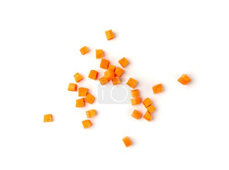 Photo for Fresh Diced Carrot Isolated, Raw Carrot Cubes Closeup, Chopped Orange Root Vegetable, Diced Carrots Pile on White Background Top View - Royalty Free Image