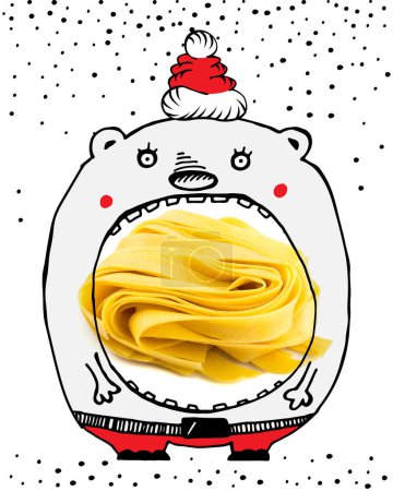 Photo for Food Art Pasta, Christmas Raw Pappardelle and Funny Animal, Fun Yellow Italian Pasta, Xmas Egg Homemade Ribbon Noodles, Christmas Macaroni or Uncooked Spaghetti Doodle - Royalty Free Image
