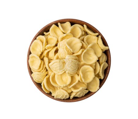 Photo for Raw Orecchiette Pasta in Bowl, Homemade Dry Macaroni, Italian Recchietedde, Raw Noodle, Orecchiette Pasta on White Background - Royalty Free Image