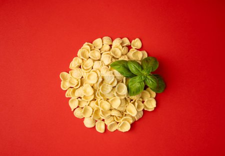 Photo for Raw Orecchiette Pasta, Homemade Dry Macaroni, Italian Recchietedde, Raw Noodle, Orecchiette Pasta on Red Background - Royalty Free Image