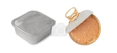 Photo for Pet Food in Square Metal Packaging Isolated, Wet Food for Cats, Dog Canned Pate, Pet Food Closed Aluminum Jar on White Background - Royalty Free Image