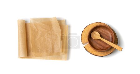 Crumpled Baking Paper, Kraft Cooking Paper Sheet Texture Background, Bakery Parchment Mockup, Greaseproof Material, Baking Paper on Wood Background Top View with Copy Space