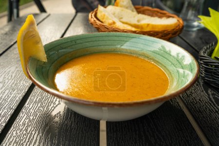 Red Lentil Soup, Mercimek Yellow Cream Puree, Shorba Ramadan Food, Traditional Azerbaijanian Mercimek Vegetarian Dish, Orange Lentil Soup in Restaurant Bowl