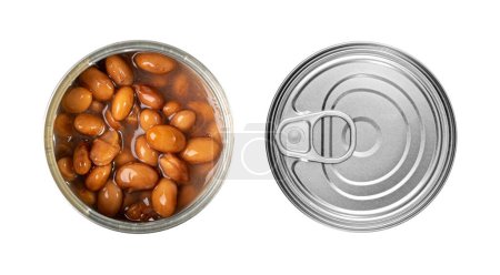 Kidney beans in a tin can isolated. Cooked bean pile, baked legume, canned red beans, rajma, Phaseolus vulgaris, leguminous salad ingredient on white background