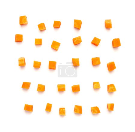 Photo for Fresh Diced Carrot Isolated, Raw Carrot Cubes Closeup, Chopped Orange Root Vegetable, Diced Carrots Pile on White Background Top View - Royalty Free Image