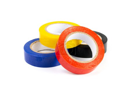 Foto de Blue Red Electrical Tape Isolated, Plastic Duct Tape Rolls, Colored Adhesive Tapes on White Background - Imagen libre de derechos
