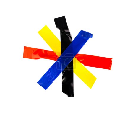 Foto de Colored Electrical Sticky Tapes, Adhesive Pieces Isolated, Plastic Duct Tape Strips, Colourful Adhesive Tapes on White Background - Imagen libre de derechos