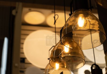 Photo for Hanging Retro Lamps, Vintage Style Industrial Lightbulbs, Stylish Warm Light Bulb in Interior, Retro Lams - Royalty Free Image
