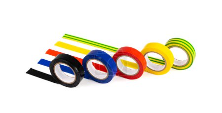 Foto de Blue Red Electrical Tape Lines Isolated, Plastic Duct Tape Rolls, Colored Adhesive Tapes on White Background - Imagen libre de derechos
