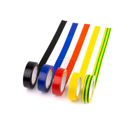 Photo for Blue Red Electrical Tape Lines Isolated, Plastic Duct Tape Rolls, Colored Adhesive Tapes on White Background - Royalty Free Image