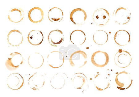 Téléchargez les photos : Coffee Stain Isolated, Coffe Wet Stamp, Mug Bottom Round Mark, Spilled Coffee Circle Stain Texture Set on White Background - en image libre de droit