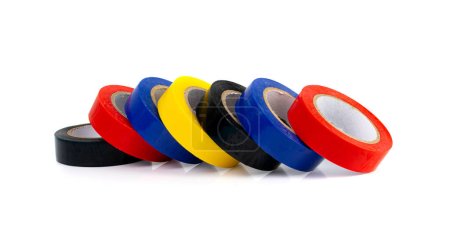 Foto de Colorful Electrical Tape Stack Isolated, Plastic Duct Tape Rolls, Colored Adhesive Tapes on White Background - Imagen libre de derechos