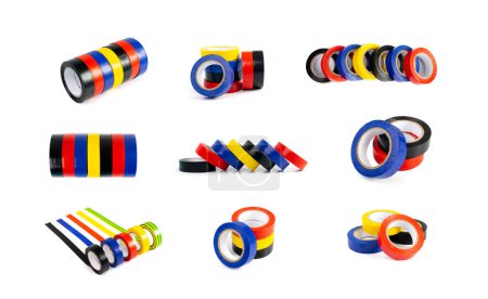 Foto de Cinta eléctrica colorida aislada, Conjunto de rollos de cinta de plástico, Colección de cintas adhesivas coloreadas sobre fondo blanco - Imagen libre de derechos