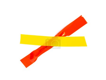 Photo for Colored Electrical Sticky Tapes Cross, X, Adhesive Pieces Isolated, Red Yellow Plastic Duct Tape Strips, Colourful Adhesive Tapes on White Background - Royalty Free Image