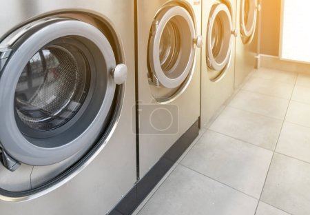 Laundromat Service, Line of Laundry Machines, Commercial Laundrette, Public Launderette Washer, Street Laundromat Service