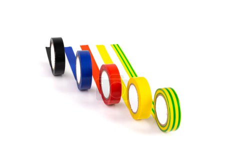 Foto de Blue Red Electrical Tape Lines Isolated, Plastic Duct Tape Rolls, Colored Adhesive Tapes on White Background - Imagen libre de derechos