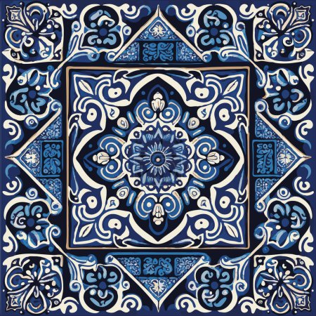 Ilustración de Retro Azulejo Mosaic Tile, Vintage Portuguese Wall Ceramic Seamless Pattern, Old Blue Tiles Background, Abstract Flower Tile - Imagen libre de derechos