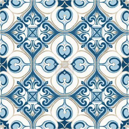 Ilustración de Retro Azulejo Mosaic Tile, Vintage Portuguese Wall Ceramic Seamless Pattern, Old Blue Tiles Background, Abstract Flower Tile - Imagen libre de derechos