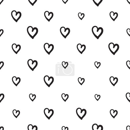 Modèle sans couture de coeur dessiné à la main, Carrelage Love Doodle, Coeurs de brosse à croquis, Fond Valentin blanc noir, Illustration vectorielle sans couture coeur