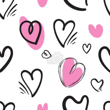 Hand Drawn Heart Seamless Pattern, Love Doodle Tile, Sketch Brush Hearts, Black White Valentine Background, Heart Seamless Vector Illustration