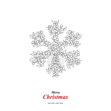 Téléchargez les illustrations : Forme de flocon de neige de Noël faite d'icônes de formule de molécule de groupe méthyle de benzène, silhouette de neige de Noël des symboles de formule squelettique de chimie d'hydrocarbure aromatique, carte de voeux - en licence libre de droit