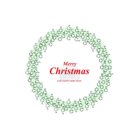 Téléchargez les illustrations : Forme de couronne de Noël faite d'icônes de formule de molécule de groupe méthyle de benzène, silhouette d'épinette de Noël d'hydrocarbures aromatiques, symboles squelettiques de formule, carte de voeux - en licence libre de droit
