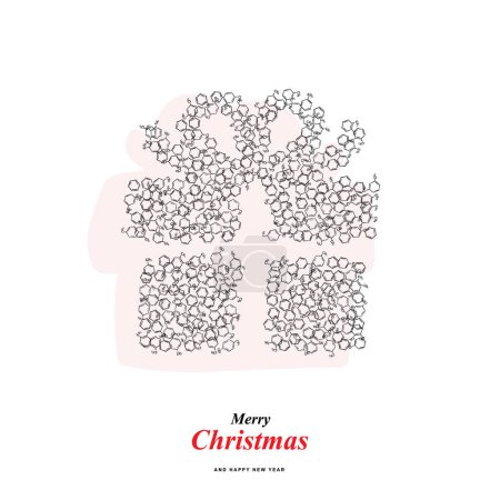 Téléchargez les illustrations : Forme de cadeau faite d'icônes de formule de molécule de groupe méthyle de benzène, silhouette de boîte de Noël des symboles de formule squelettique de chimie aromatique d'hydrocarbures, carte de voeux - en licence libre de droit
