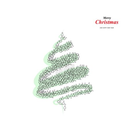 Téléchargez les illustrations : Forme d'arbre de Noël faite d'icônes de formule de molécule de groupe méthyle de benzène, silhouette d'épinette de Noël d'hydrocarbures aromatiques, symboles squelettiques de formule, carte de voeux - en licence libre de droit