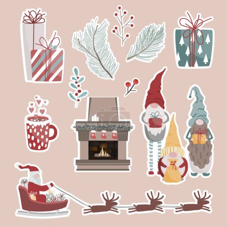 Illustration for Christmas, New Year cute symbols sticker set. Santa Claus with deer herd, gift boxes, floral elements, gnomes, hot drink, and fireplace. Vector isolated illustrations. - Royalty Free Image