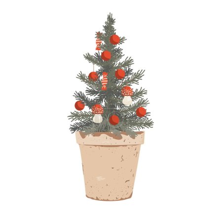 Illustration for Small potted Christmas tree decorated with small fly agaric mushrooms, candies, and balls. Vector illustration with Glauca Conica Xmas tree isolated on white. - Royalty Free Image