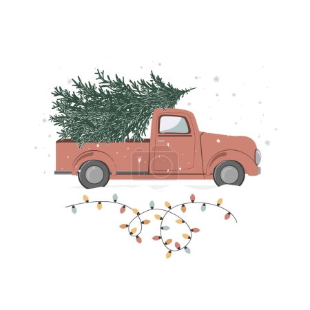 Ilustración de Camión vintage de Navidad rojo con abeto verde. Coche de recogida con ligas de Navidad y nieve. Ilustración vectorial aislada sobre fondo blanco - Imagen libre de derechos