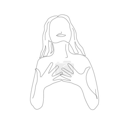 Illustration for Happy grateful woman silhouette with hands on her chest and grateful gesture on face. Continuous line drawing vector illustration. Young beautiful girl isolated on white background - Royalty Free Image