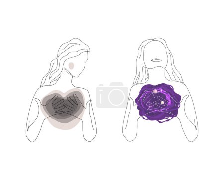 Illustration for Depressed woman with emptiness inside and happy woman with an outer space in her chest. Concepts of treating mental health problems and psychotherapy. Continuous line drawing vector illustration set - Royalty Free Image